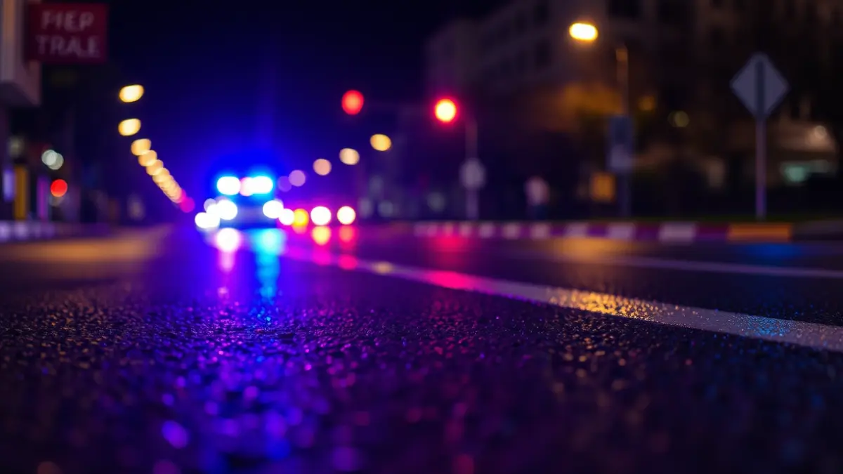 Imagen genérica de luces de emergencia reflejándose sobre el asfalto mojado.