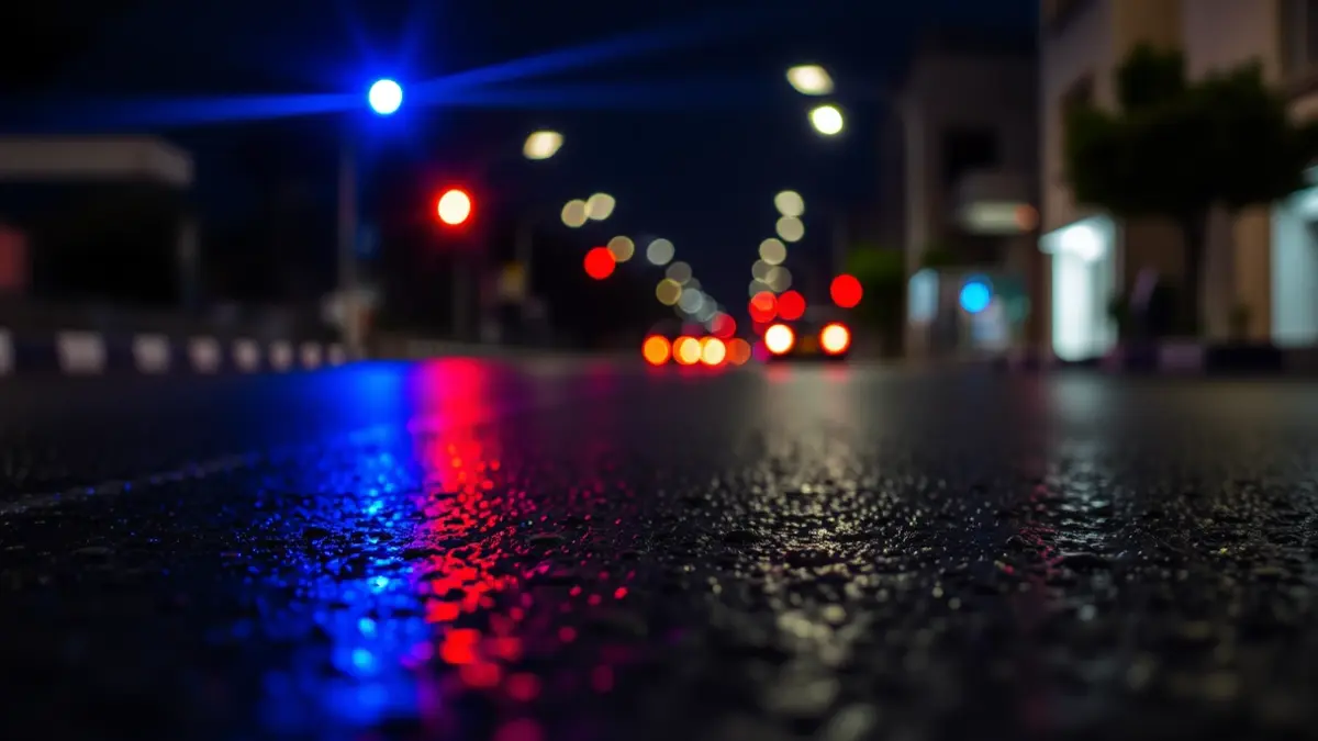 Imatge genèrica de llums d'emergència reflectint-se sobre l'asfalt mullat de nit.