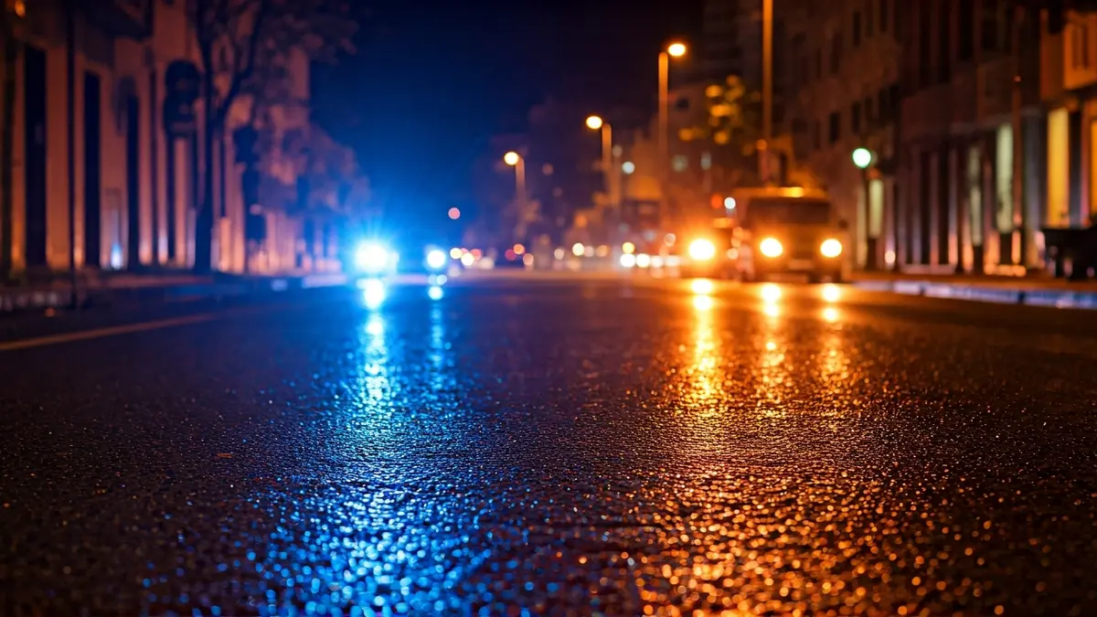 Imatge genèrica de llums d'emergència reflectint-se sobre asfalt mullat de nit.