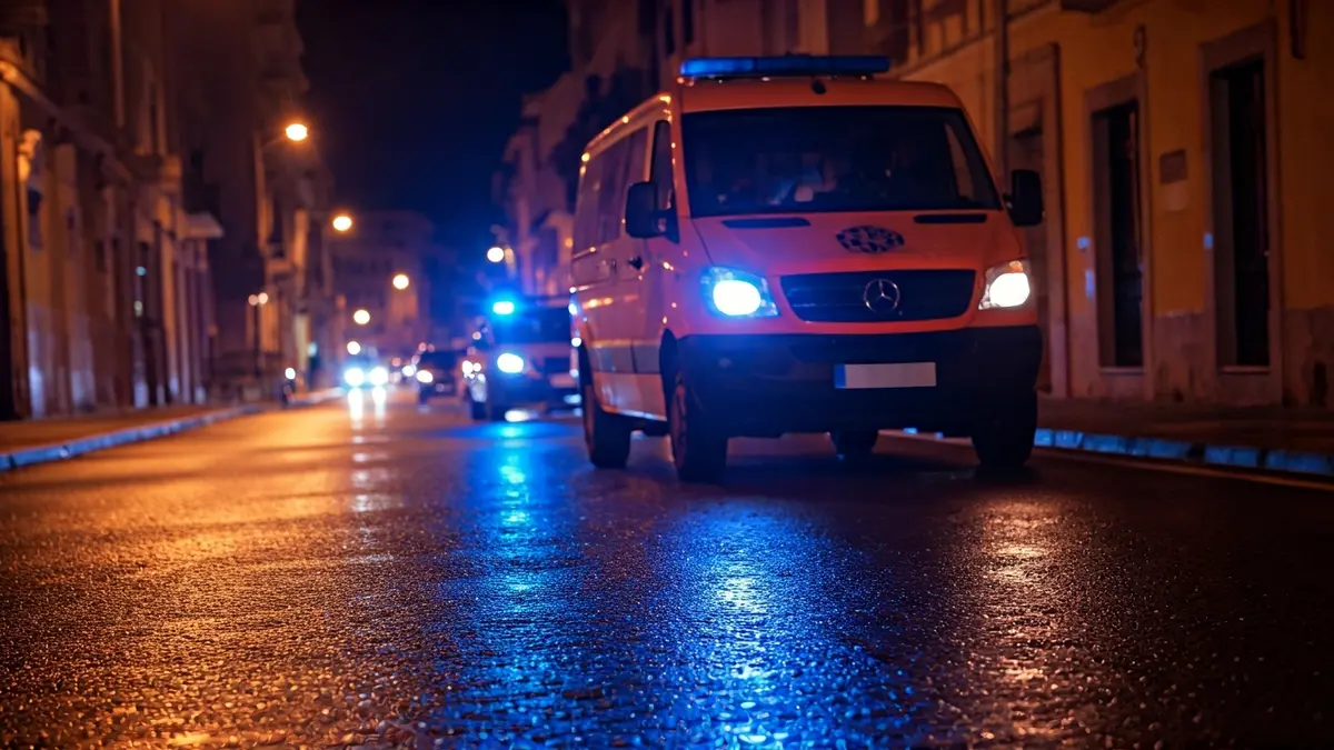 Imatge genèrica de llums d'emergència reflectint-se sobre l'asfalt mullat.