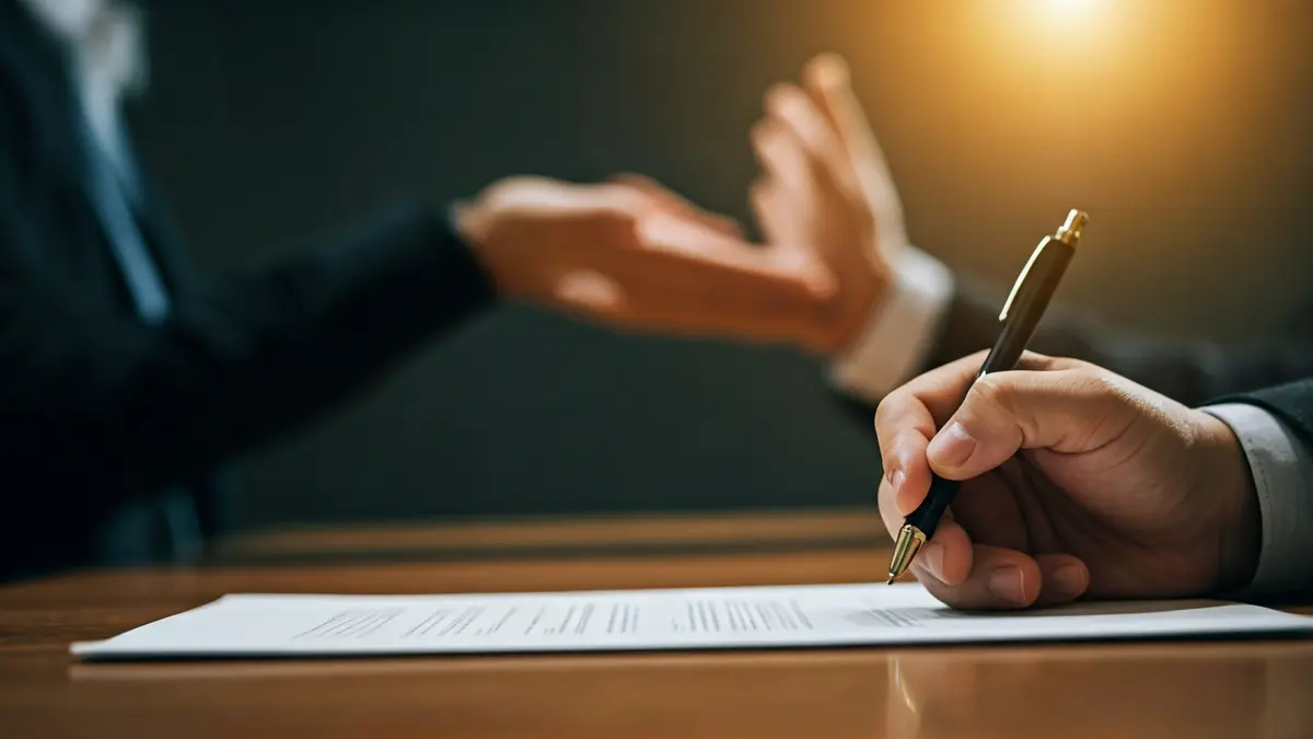 Imatge genèrica d'una mà amb un bolígraf sobre un document, amb una altra mà gesticulant al fons.