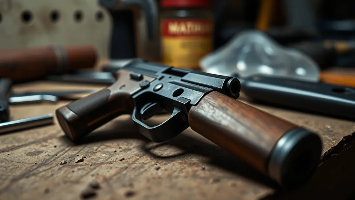 Image of a homemade firearm on a workbench.