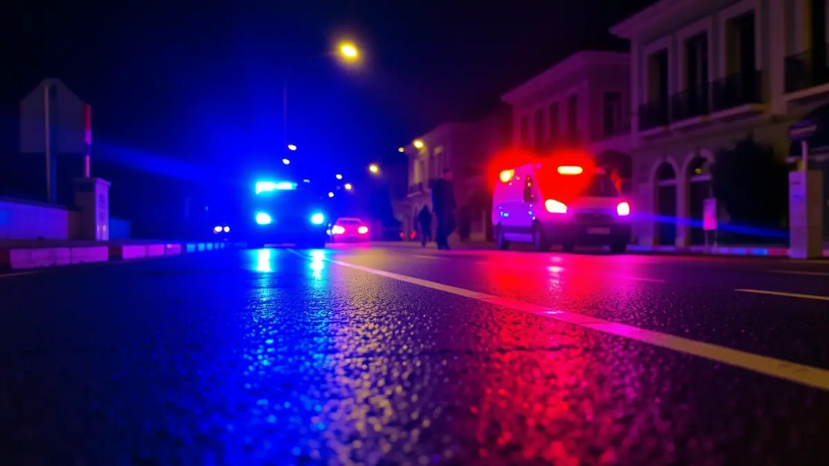 Imatge genèrica de llums d'emergència reflectint-se sobre l'asfalt mullat de nit.