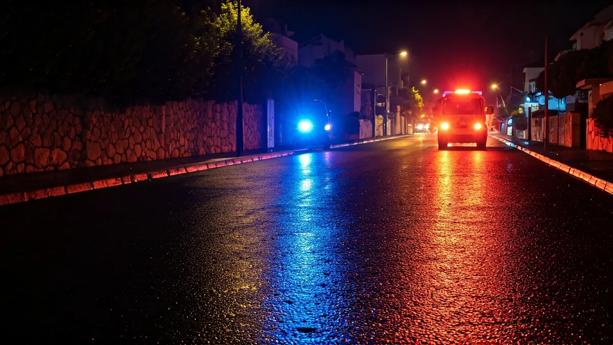 Imagen genérica de luces de emergencia policiales reflejándose sobre el asfalto mojado en una zona residencial.