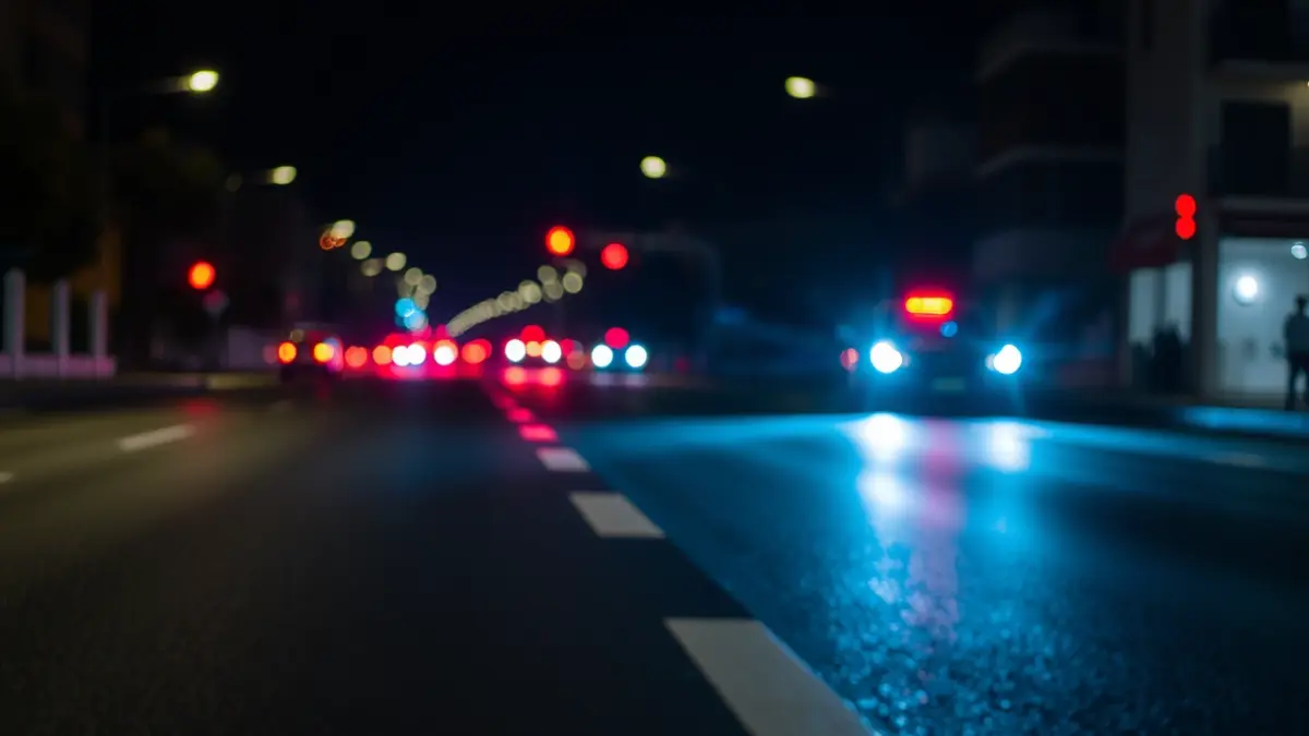Imatge genèrica de llums d'emergència reflectint-se sobre l'asfalt mullat de nit.