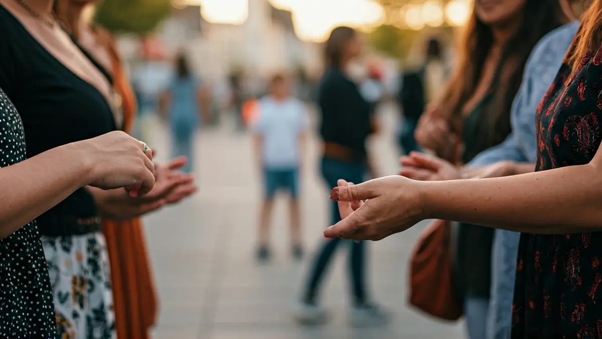 Imatge genèrica de mans de dones conversant en un entorn comunitari.