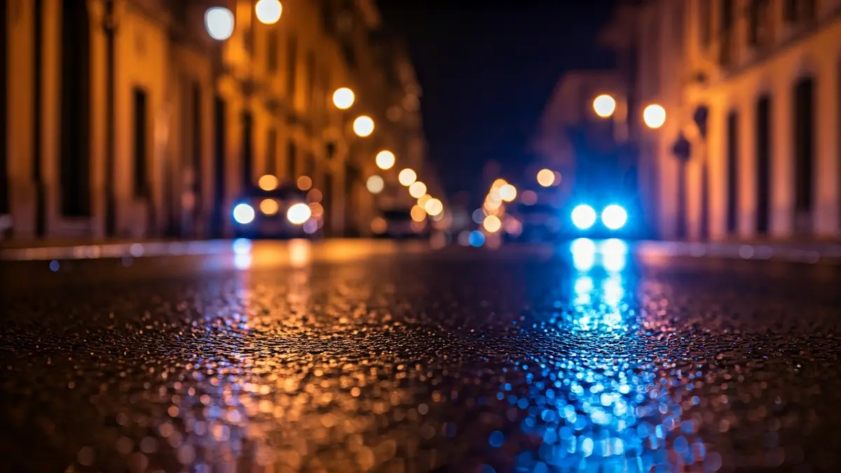 Imatge genèrica de llums d'emergència reflectint-se sobre l'asfalt mullat en una ciutat mediterrània de nit.