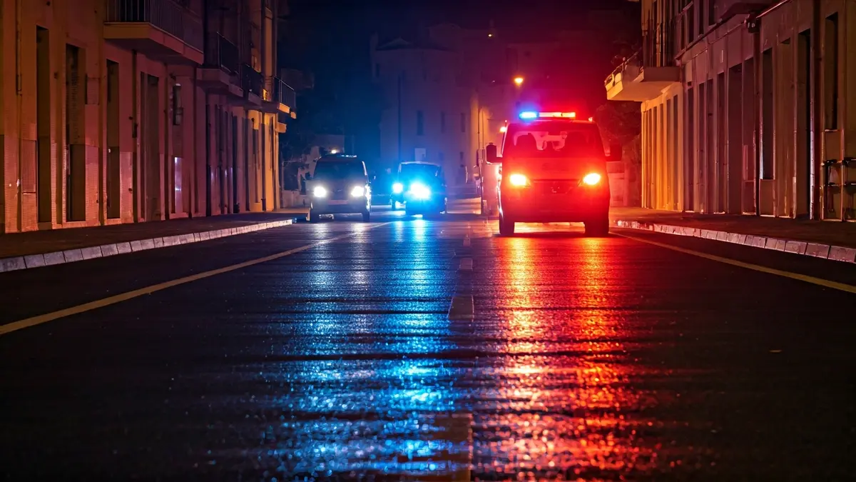 Imatge genèrica de llums d'emergència reflectint-se sobre asfalt mullat en un entorn urbà mediterrani.