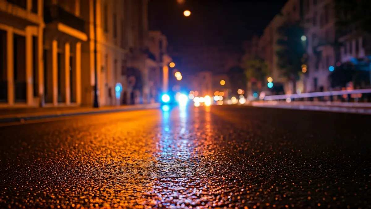 Generic image of emergency lights reflecting on wet asphalt at night.