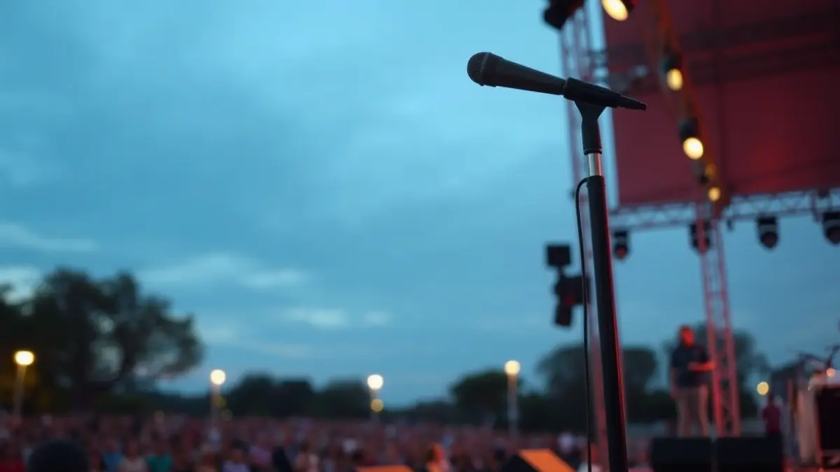 Imatge d'un escenari de concert a l'aire lliure amb il·luminació professional.