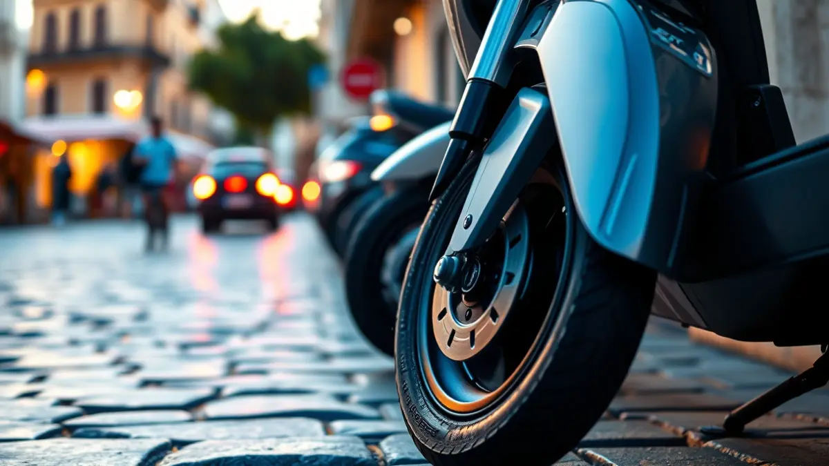 Imagen genérica de una rueda de ciclomotor eléctrico aparcada en una calle de Barcelona.