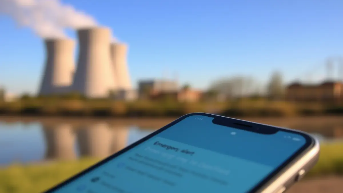 Imagen de un teléfono móvil mostrando una alerta de emergencia, con una central nuclear al fondo.