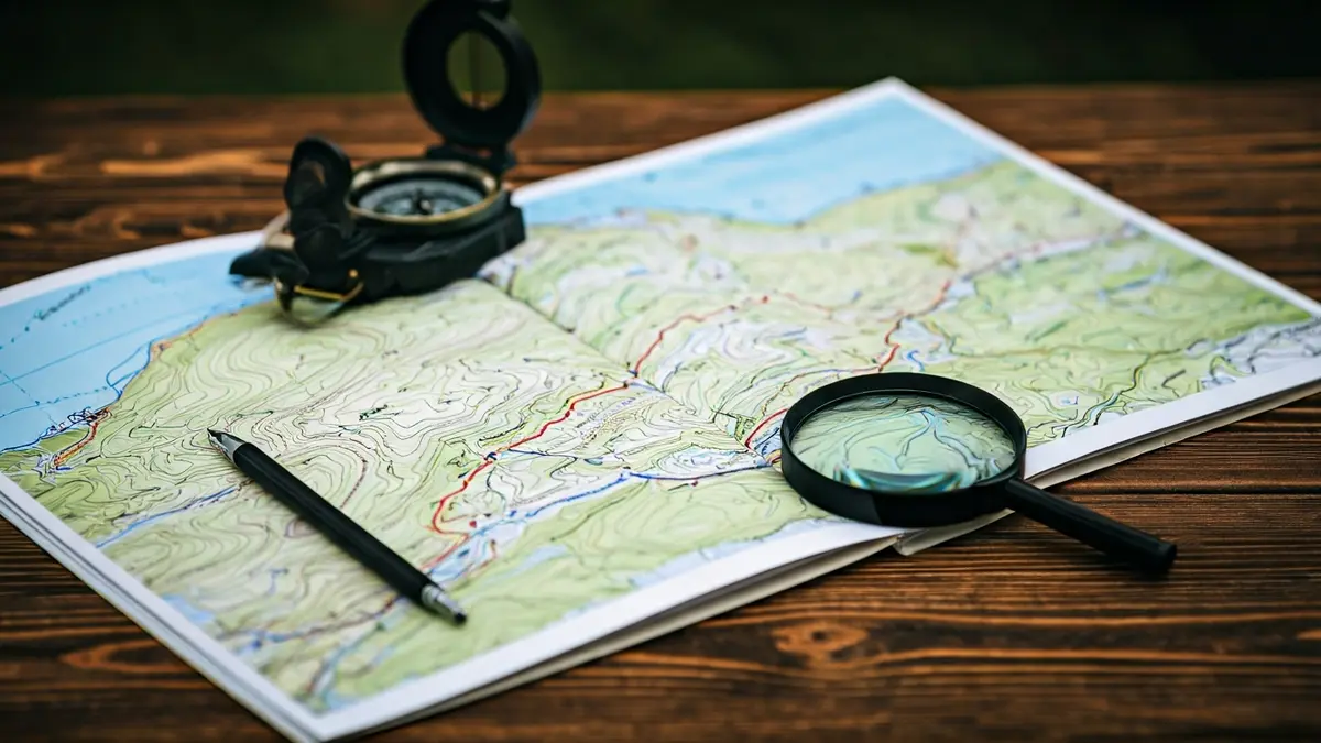 Imagen genérica de un mapa excursionista con detalles de senderos y patrimonio.