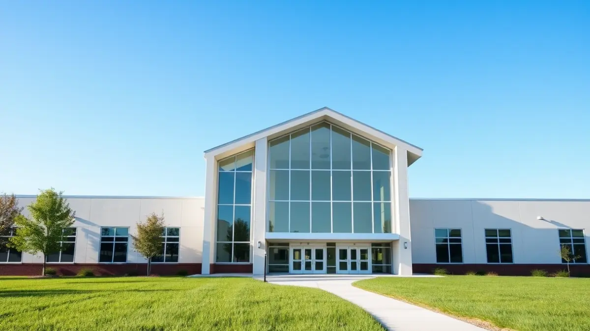 Image of a modern school building with large windows and a clean design, surrounded by green fields under a clear blue sky.