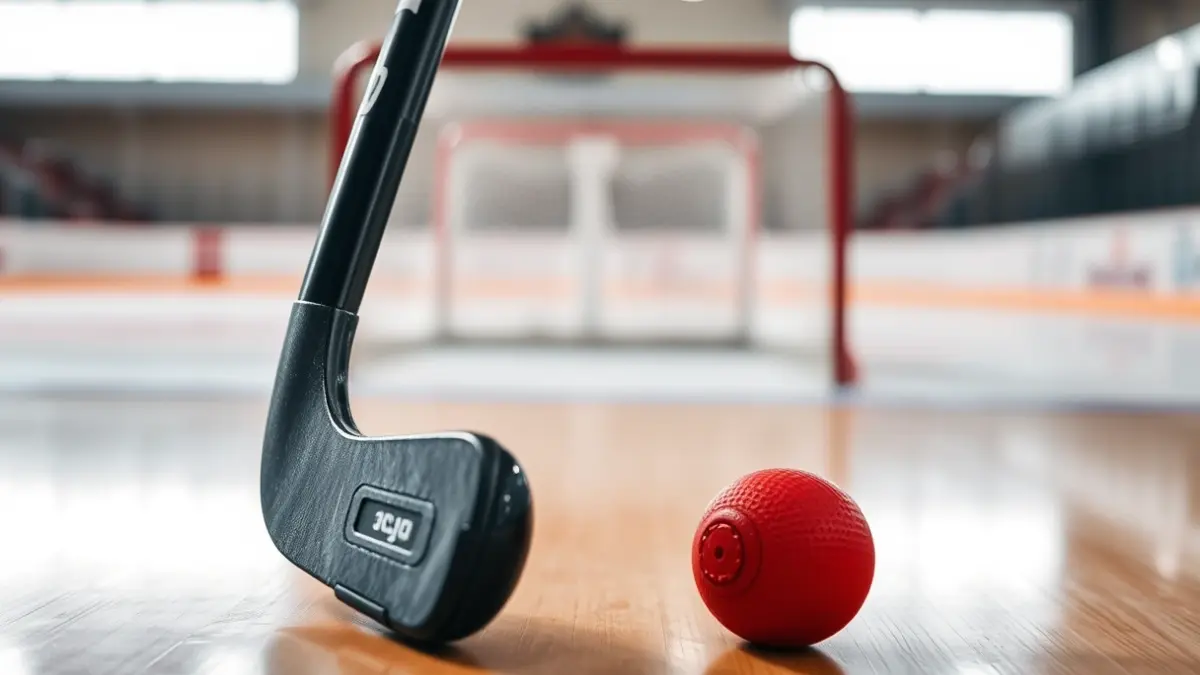 Imagen genérica de un stick y una bola de hockey sobre patines en una pista.