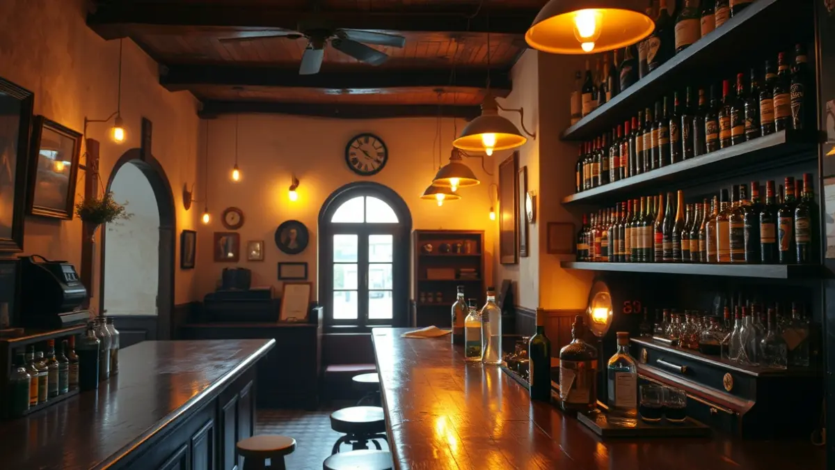 Interior de un bar antiguo con una barra de madera y botellas vintage, iluminado con luz cálida.