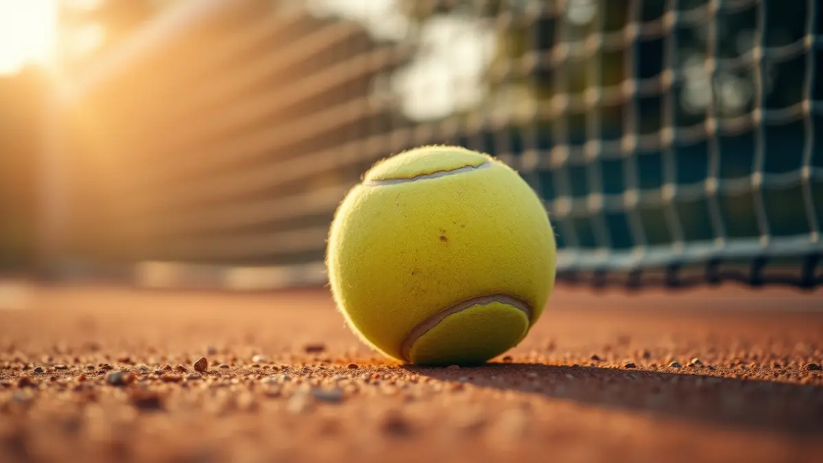 Imatge genèrica d'una pilota de tennis en una pista de terra batuda, amb la xarxa desenfocada al fons.