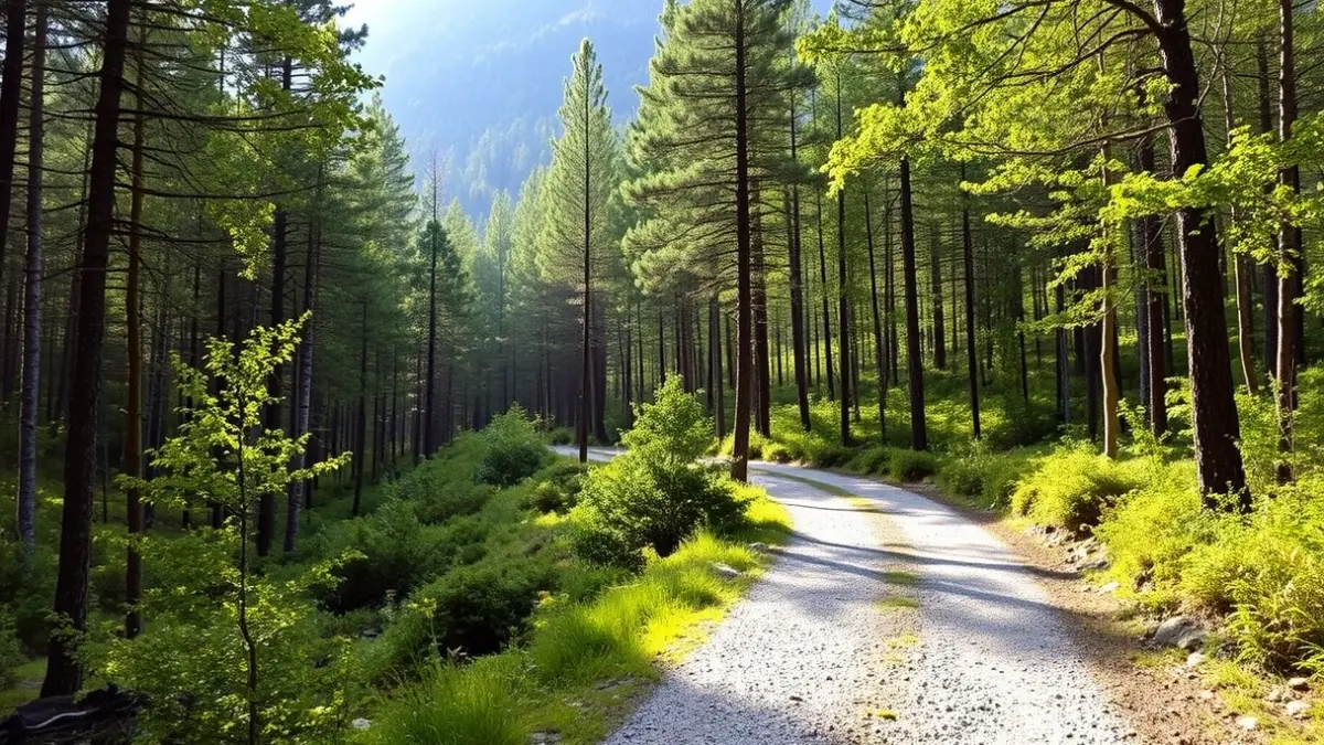 Imatge genèrica d'un camí de grava a través d'un bosc, representant una ruta de bikepacking.