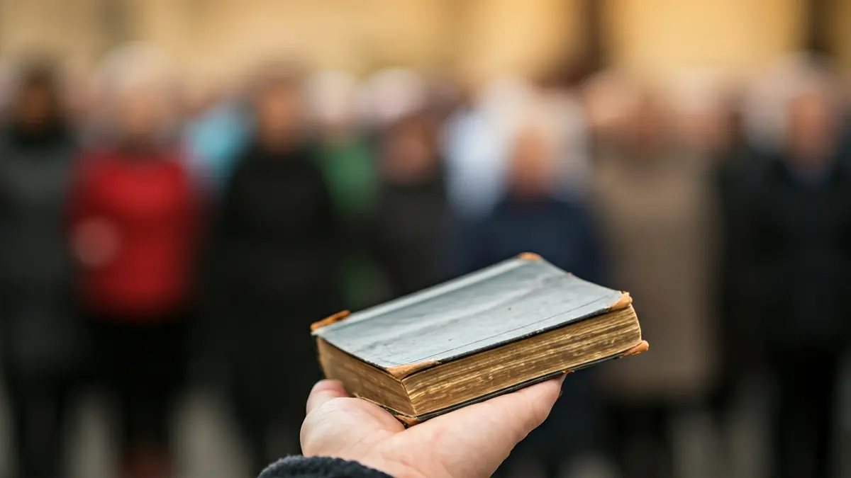 Generic image of a hand holding a religious book, with blurred figures of people in the background.