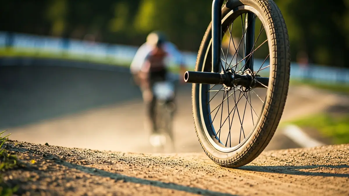 Imagen genérica de una rueda de bicicleta BMX en una pista de tierra.