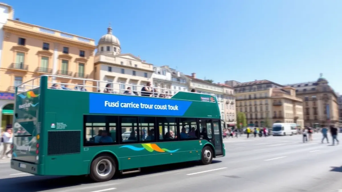 Imatge genèrica d'un autobús turístic de dos pisos circulant per una ciutat mediterrània.