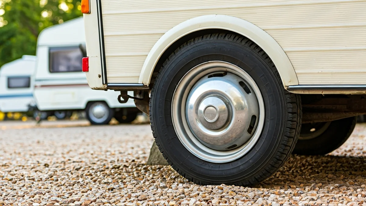 Imagen genérica de una rueda de caravana en un camping, con vegetación y otras caravanas al fondo.