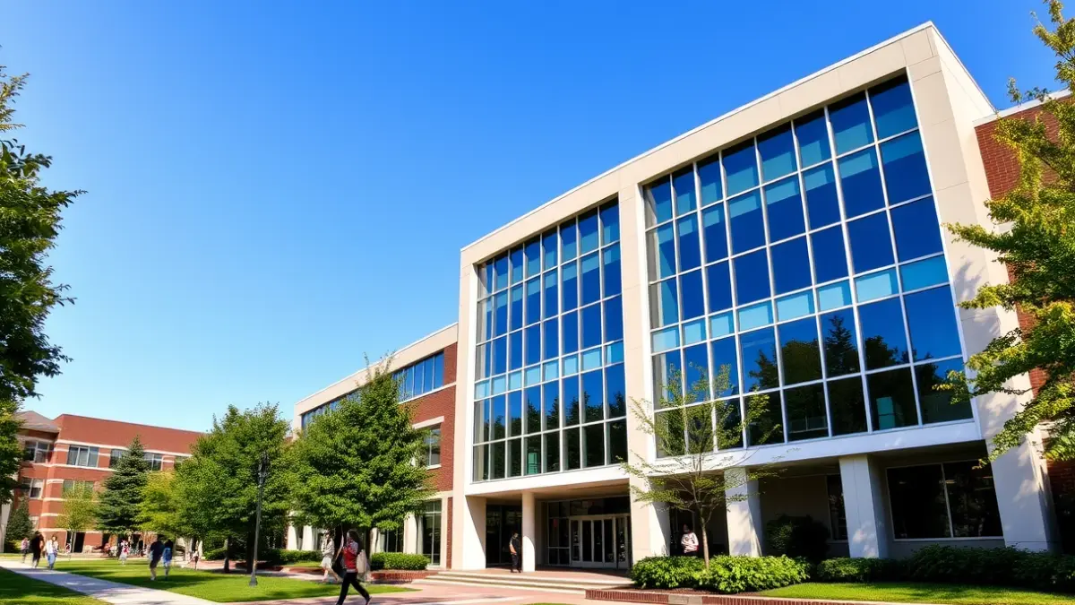 Imatge genèrica d'un edifici universitari modern amb estudiants.