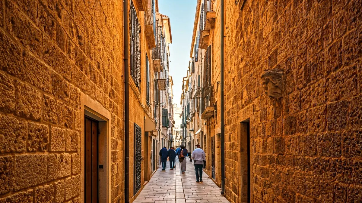 Imatge d'un carrer estret i antic de pedra amb una carassa esculpida en una llinda.