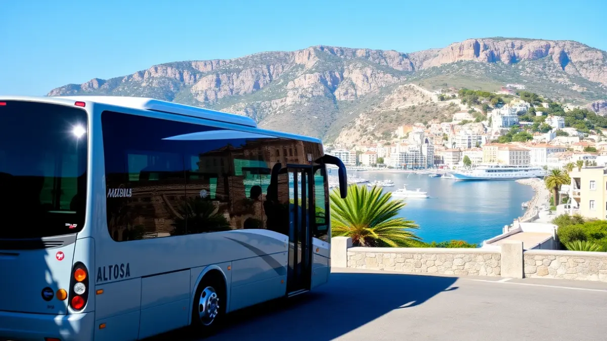 Generic image of a tourist bus in a coastal area.
