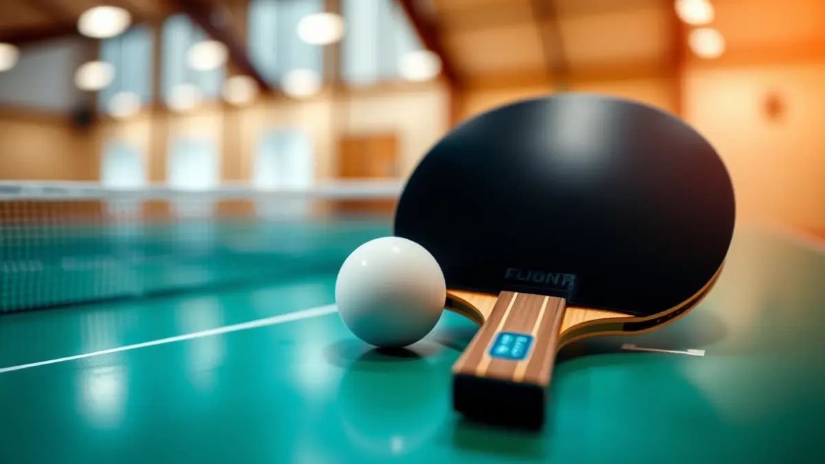 Generic image of a table tennis paddle and ball on a green table.