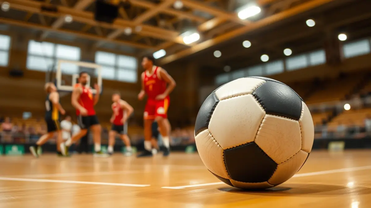 Imagen genérica de un balón de balonmano en una cancha, con jugadores desenfocados al fondo.