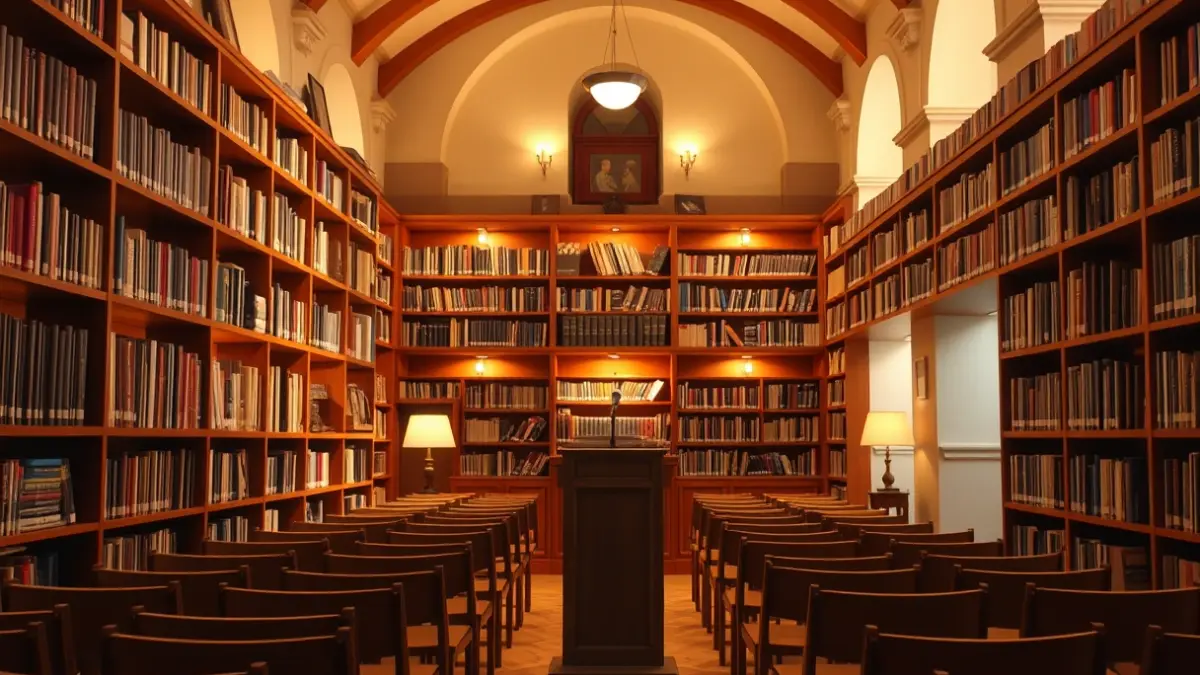 Generic image of a cultural space with a microphone and chairs, lit with warm light.