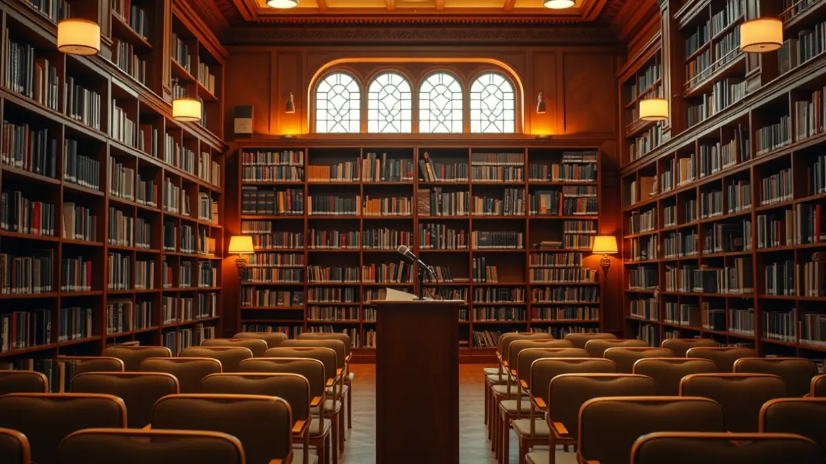 Imatge genèrica d'una sala de conferències o biblioteca amb un micròfon i cadires buides, il·luminada amb llum càlida.