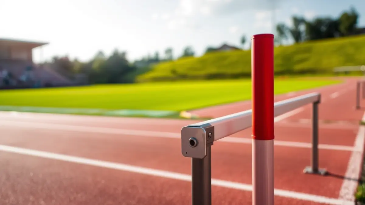 Generic image of an athletic track with hurdles and grass in the background.
