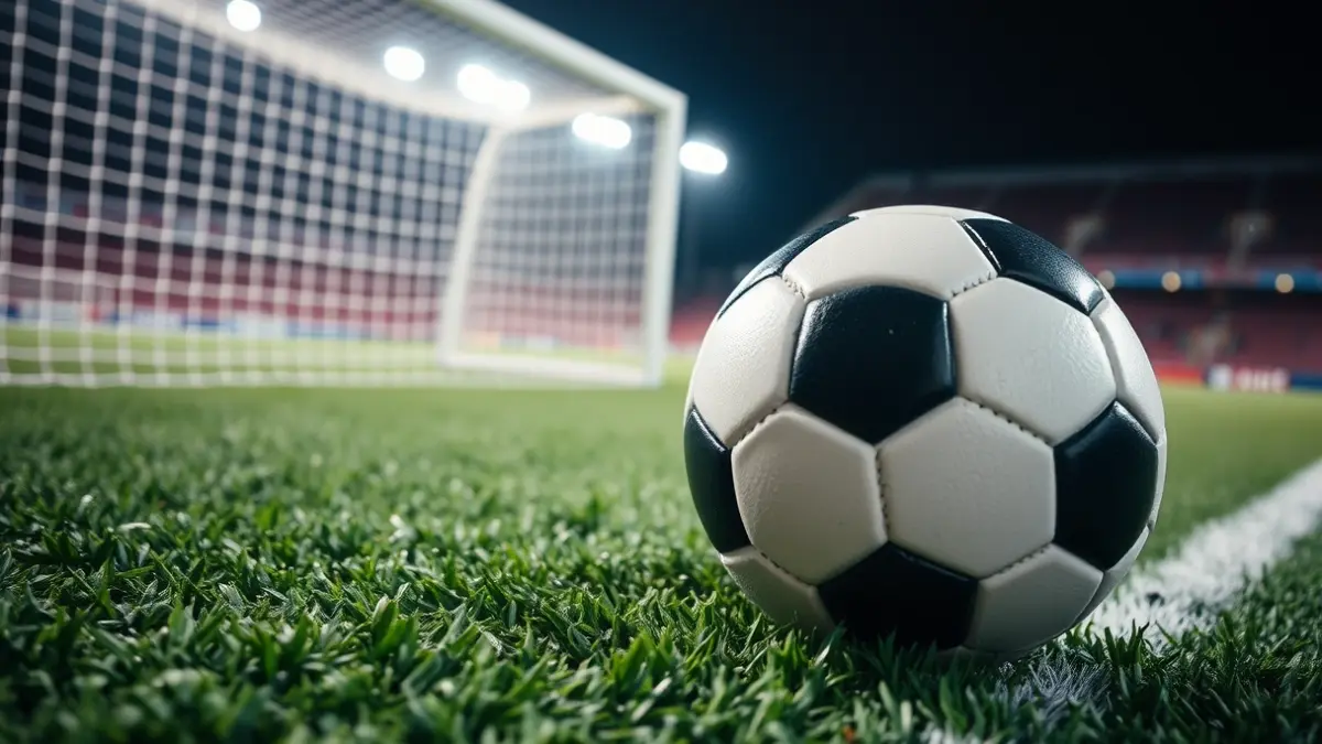 Imatge genèrica d'una pilota de futbol sala sobre gespa artificial, amb la porteria desenfocada al fons.