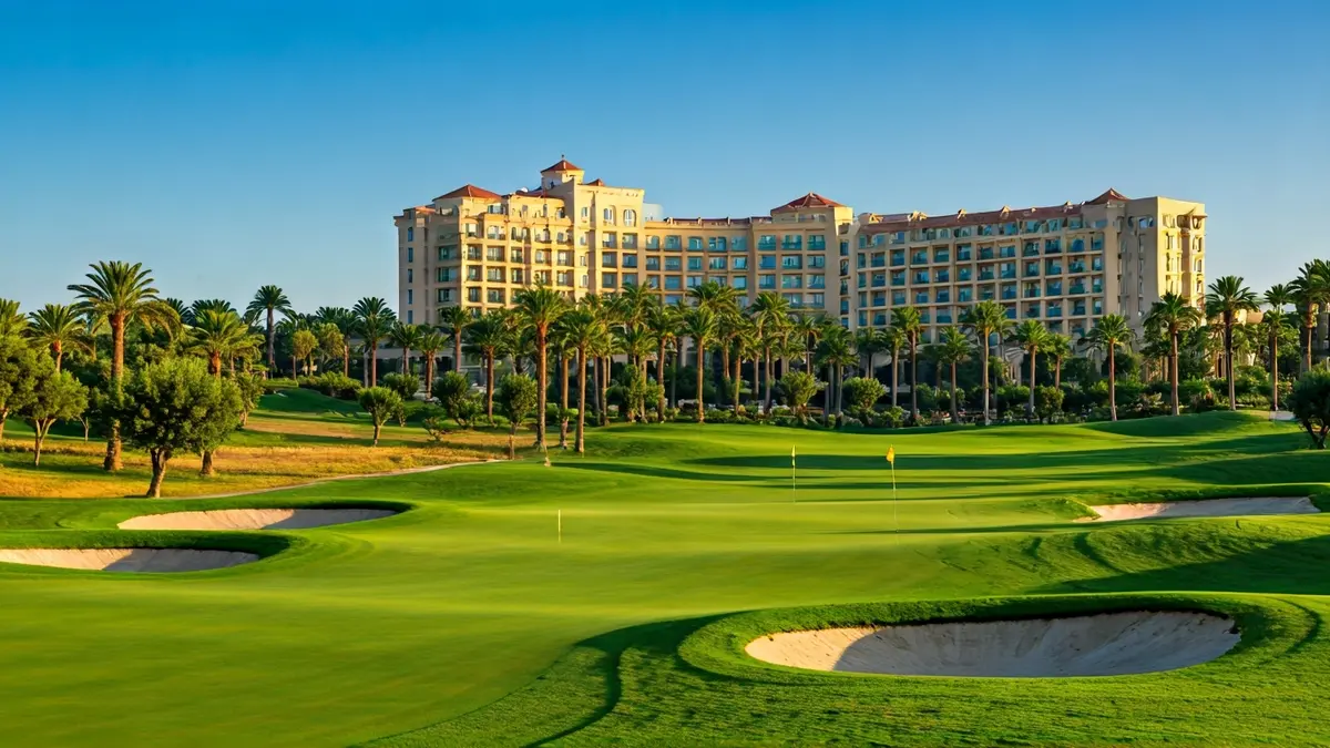 Imatge d'un camp de golf amb un hotel de luxe al fons, sota un cel blau.