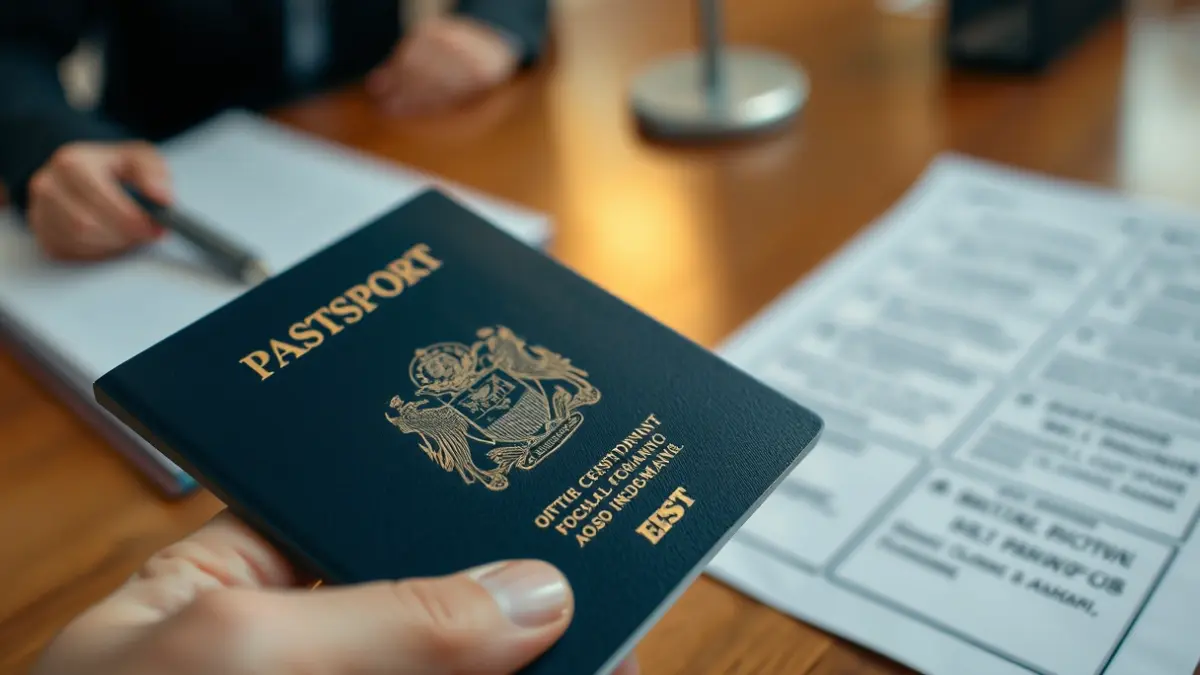 Imatge genèrica d'una mà sostenint un passaport, amb documents oficials desenfocats al fons.