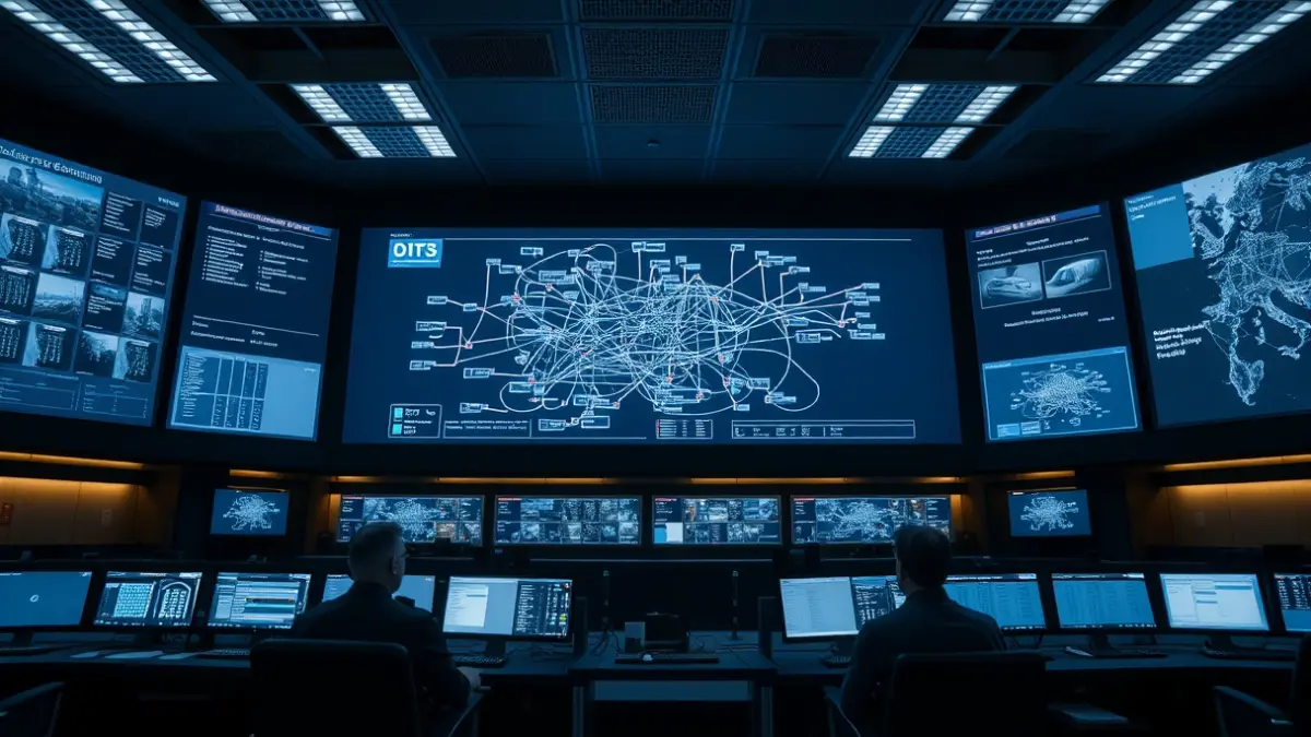 Image of a railway control center with a large screen and operators.