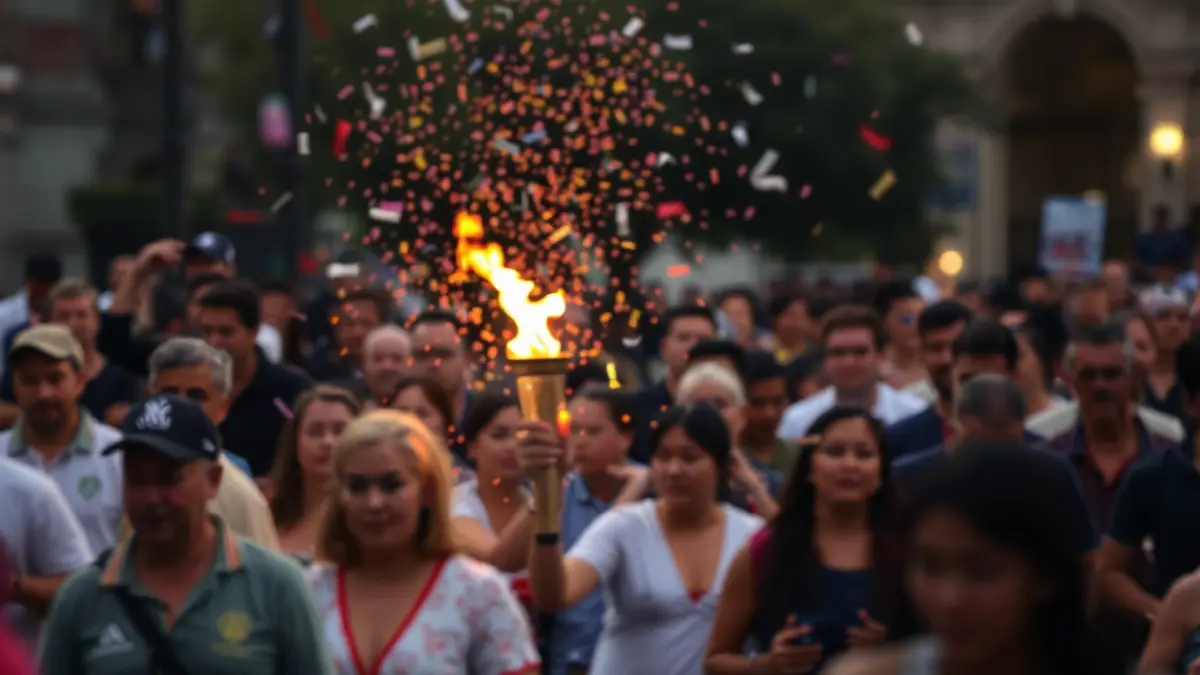 Imagen genérica de una multitud borrosa con confeti, representando un evento cultural festivo.