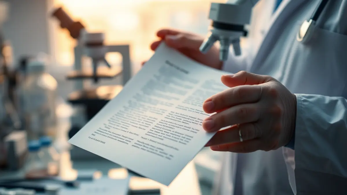 Imatge genèrica de mans de metges o investigadors revisant documents científics en un laboratori.