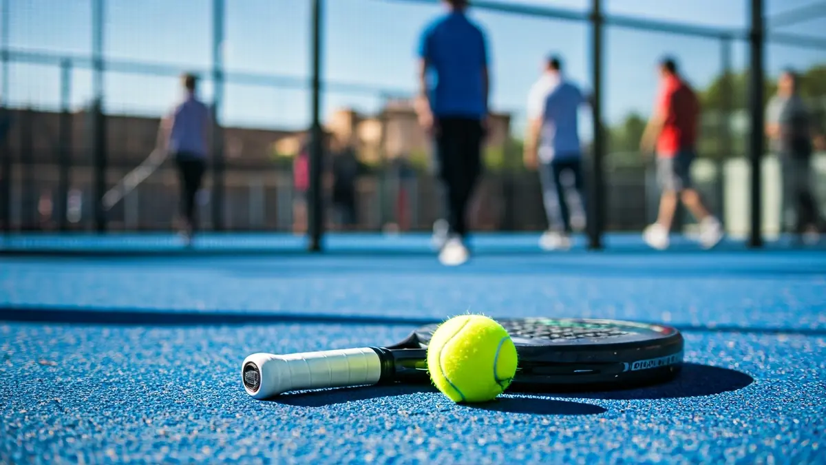 Imatge genèrica d'una pala de pàdel i una pilota sobre una pista blava.