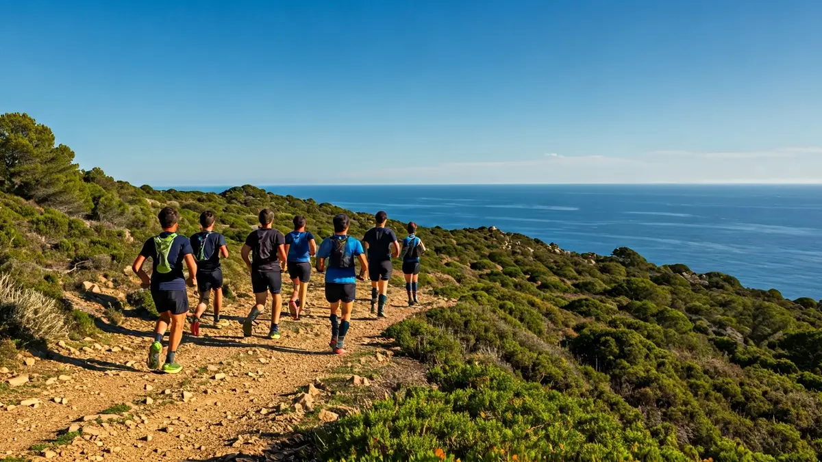 Jóvenes atletas corriendo por un sendero de montaña en el Cap de Creus.