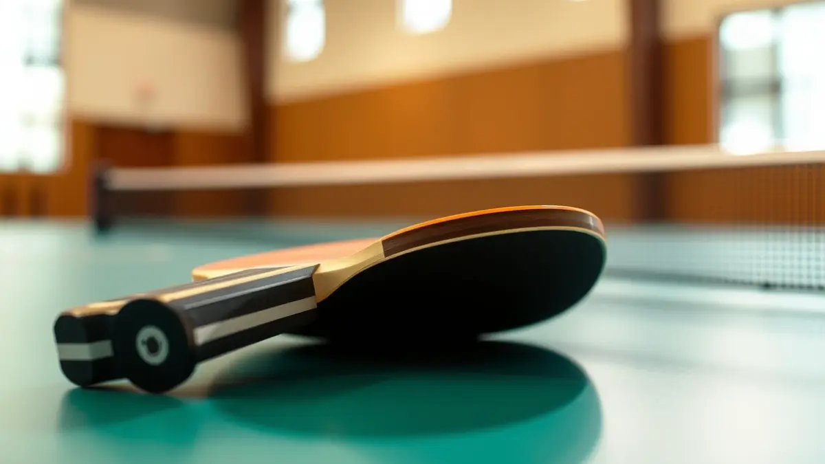 Generic image of a table tennis paddle and ball on a green table.