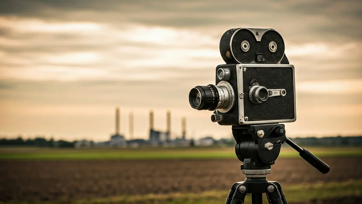 Imatge genèrica d'una càmera de cinema antiga en un paisatge rural, evocant el neorealisme.