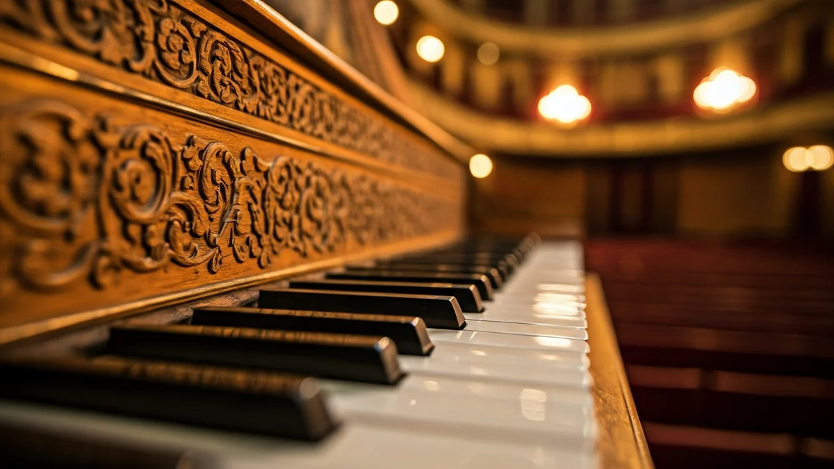 Generic image of an antique harpsichord, with carved details and warm lighting, suggesting baroque music.