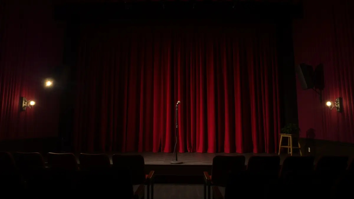 Imatge genèrica d'un escenari de teatre amb un micròfon i cortines vermelles.