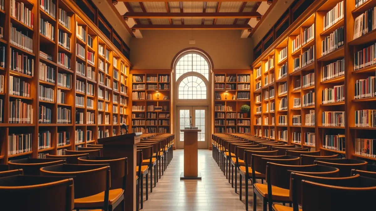 Imagen genérica de un interior de biblioteca con estanterías de madera y un atril con micrófono, iluminación cálida.