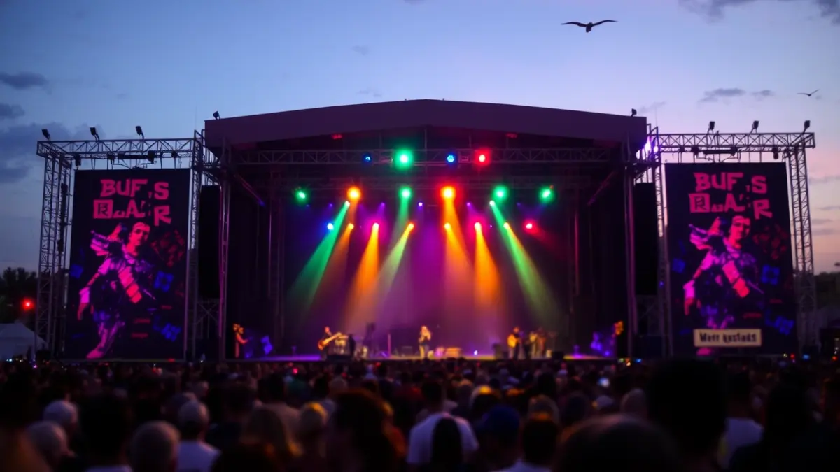 Generic image of a music festival stage with colorful lights and a blurred crowd.