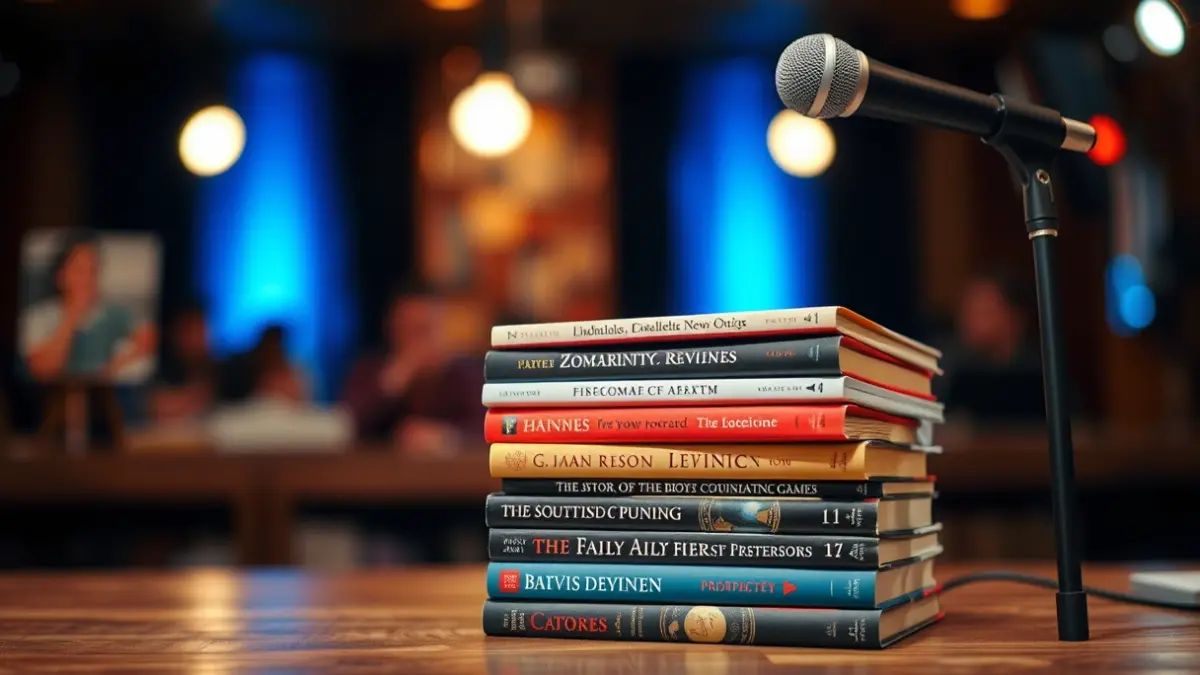 Generic image of a stack of books with a microphone, symbolizing a literary event.