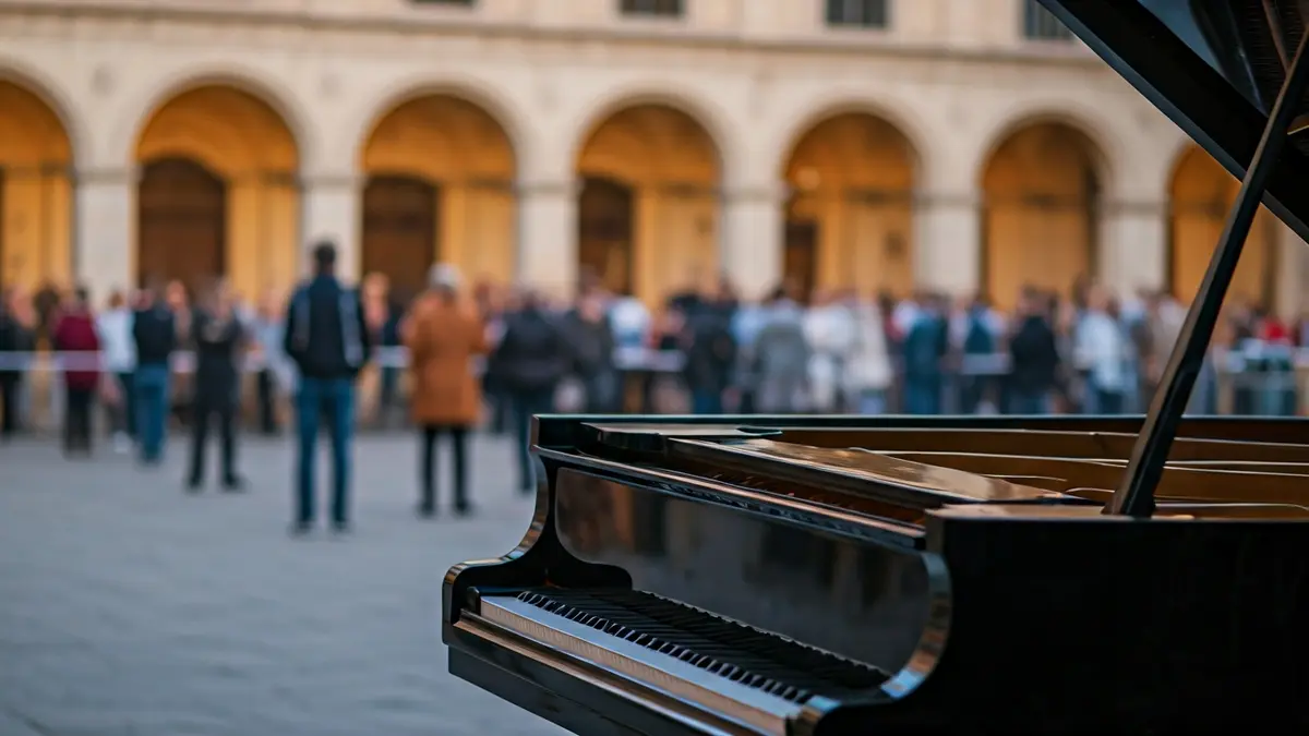 Imatge genèrica d'un piano de cua en un espai exterior, amb gent difuminada al fons.